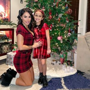 Red black plaid sweater mini dress